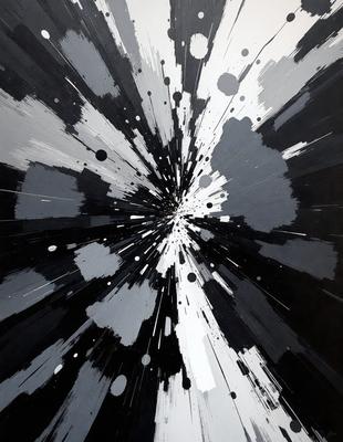 The primary subject of the image is a black and white painting of a white star. The setting is a black background, and the visual style is a painting. The dominant colors are black and white, creating a mood of contrast and simplicity.